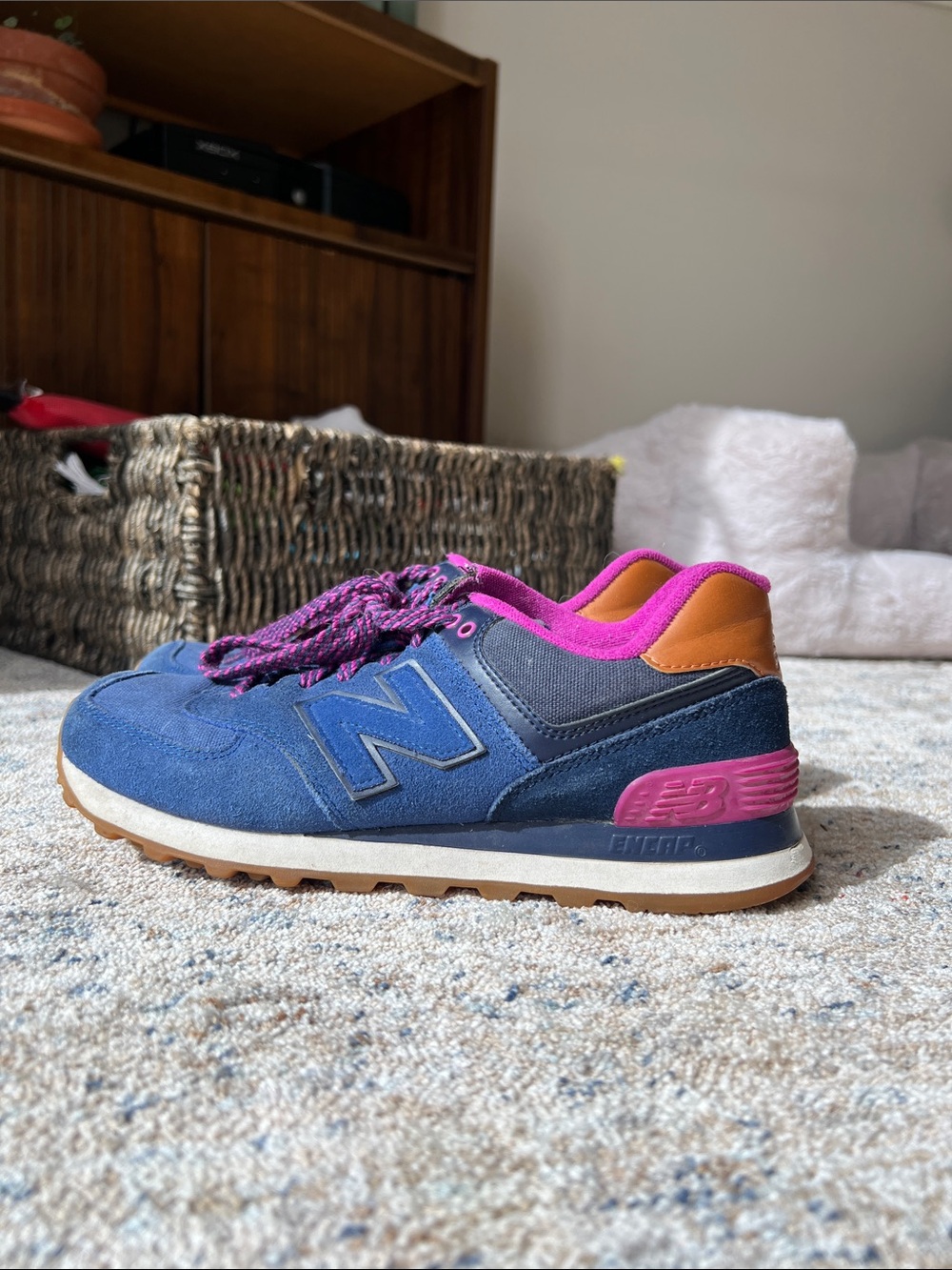 New Balance 574 Blue/Purple/Tan Sneakers